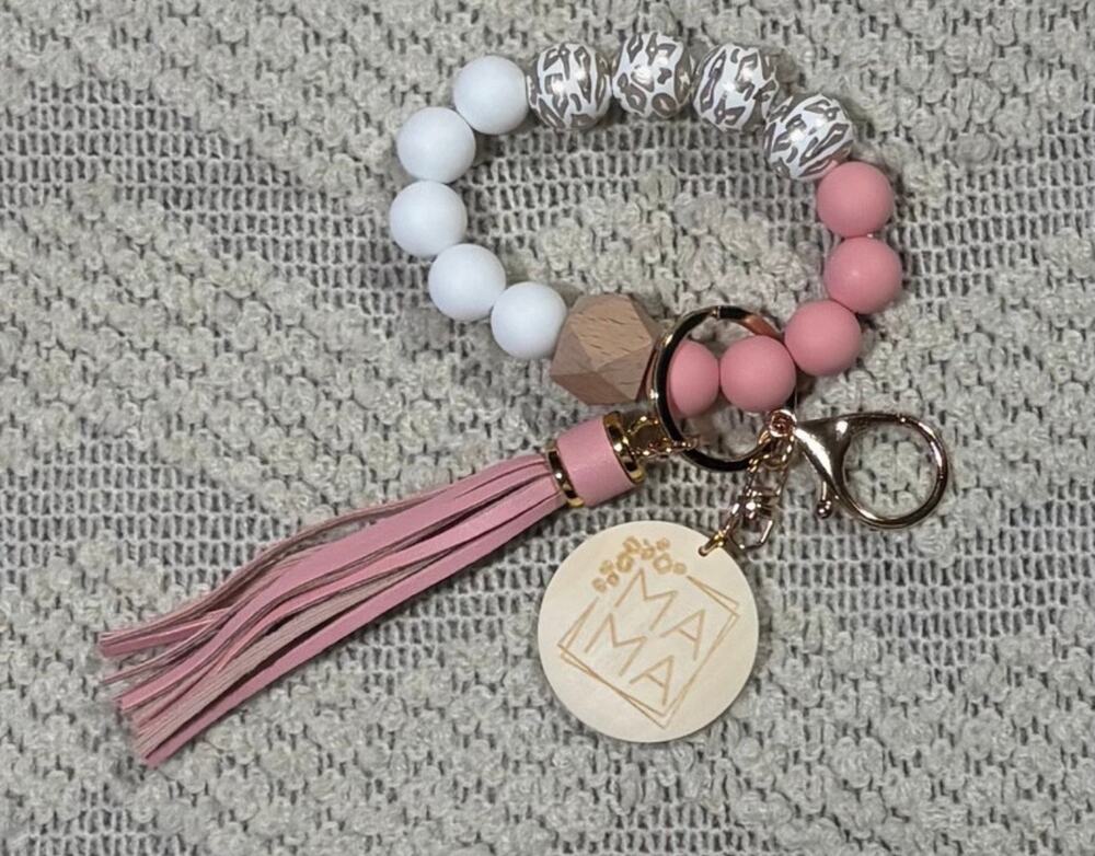 Mama Silicone Beaded Keychain Wristlet with Pink Tassel